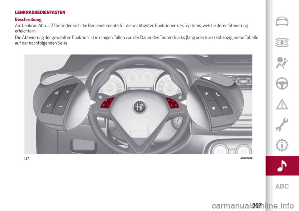 Alfa Romeo Giulietta 2018  Betriebsanleitung (in German) LENKRADBEDIENTASTEN
Beschreibung
Am Lenkrad Abb. 127befinden sich die Bedienelemente für die wichtigsten Funktionen des Systems, welche deren Steuerung
erleichtern.
Die Aktivierung der gewählten Fun