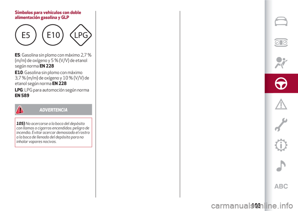 Alfa Romeo Giulietta 2018  Manual del propietario (in Spanish) Símbolos para vehículos con doble
alimentación gasolina y GLP
E5: Gasolina sin plomo con máximo 2,7 %
(m/m) de oxígenoy5%(V/V) de etanol
según normaEN 228
E10: Gasolina sin plomo con máximo
3,7