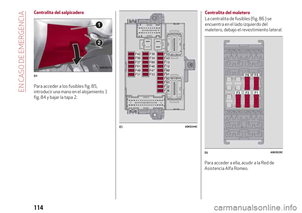 Alfa Romeo Giulietta 2018  Manual del propietario (in Spanish) Para acceder a los fusibles fig. 85,
introducir una mano en el alojamiento 1
fig. 84 y bajar la tapa 2.Centralita del maletero
La centralita de fusibles (fig. 86 ) se
encuentra en el lado izquierdo de