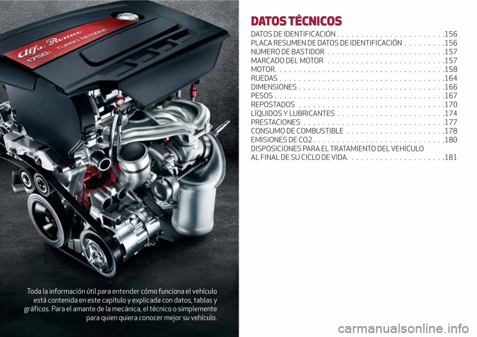 Alfa Romeo Giulietta 2018  Manual del propietario (in Spanish) Toda la información útil para entender cómo funciona el vehículo
está contenida en este capítulo y explicada con datos, tablas y
gráficos. Para el amante de la mecánica, el técnico o simpleme