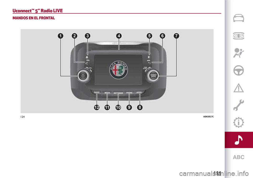 Alfa Romeo Giulietta 2018  Manual del propietario (in Spanish) Uconnect™ 5” Radio LIVE
MANDOS EN EL FRONTAL
124A0K0917C
185 