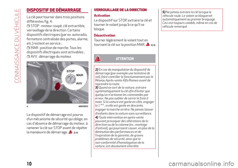 Alfa Romeo Giulietta 2018 Manuel du propriétaire (in French) DISPOSITIF DE DÉMARRAGE
La clé peut tourner dans trois positions
différentes fig. 4:
STOP : moteur coupé, clé extractible,
verrouillage de la direction. Certains
dispositifs électriques (par ex. Alfa Romeo Giulietta 2018 Manuel du propriétaire (in French) DISPOSITIF DE DÉMARRAGE
La clé peut tourner dans trois positions
différentes fig. 4:
STOP : moteur coupé, clé extractible,
verrouillage de la direction. Certains
dispositifs électriques (par ex.
