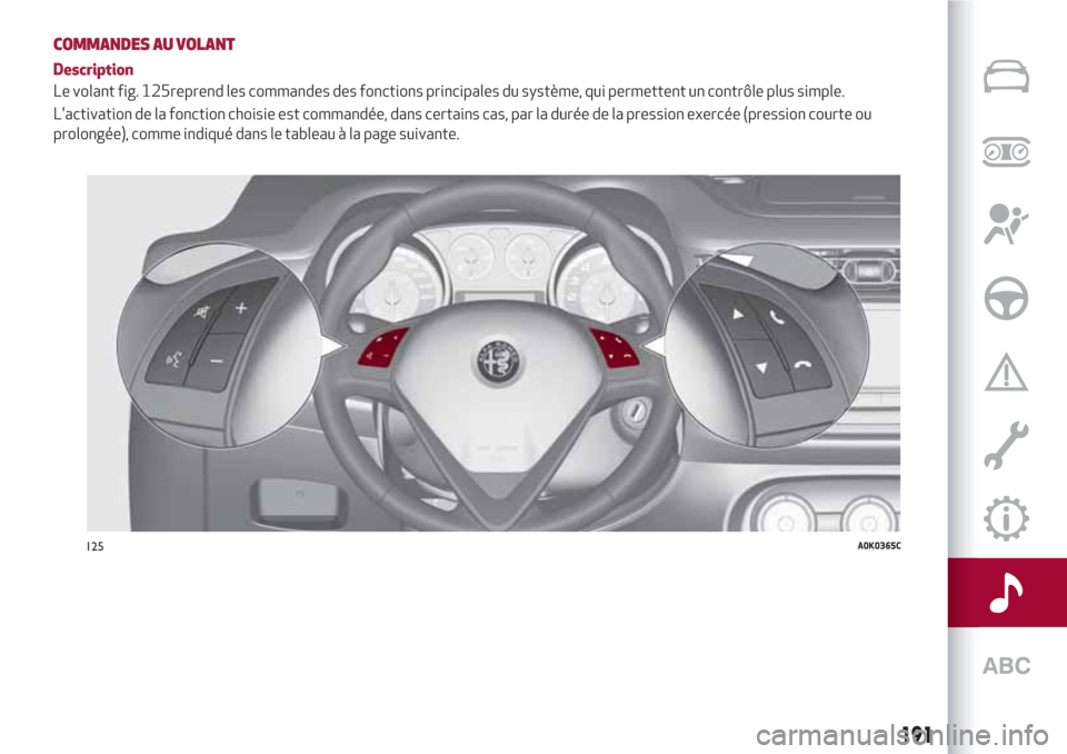 Alfa Romeo Giulietta 2018  Manuel du propriétaire (in French) COMMANDES AU VOLANT
Description
Le volant fig. 125reprend les commandes des fonctions principales du système, qui permettent un contrôle plus simple.
Lactivation de la fonction choisie est command