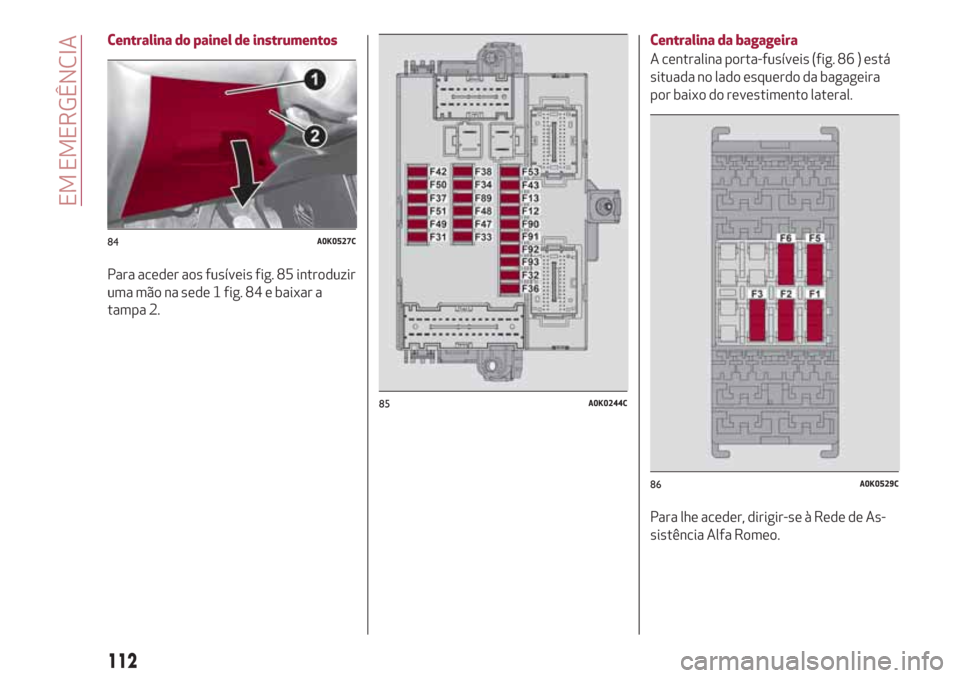 Alfa Romeo Giulietta 2018  Manual do proprietário (in Portuguese) Centralina do painel de instrumentos
Para aceder aos fusíveis fig. 85 introduzir
uma mão na sede 1 fig. 84 e baixar a
tampa 2.Centralina da bagageira
A centralina porta-fusíveis (fig. 86 ) está
si