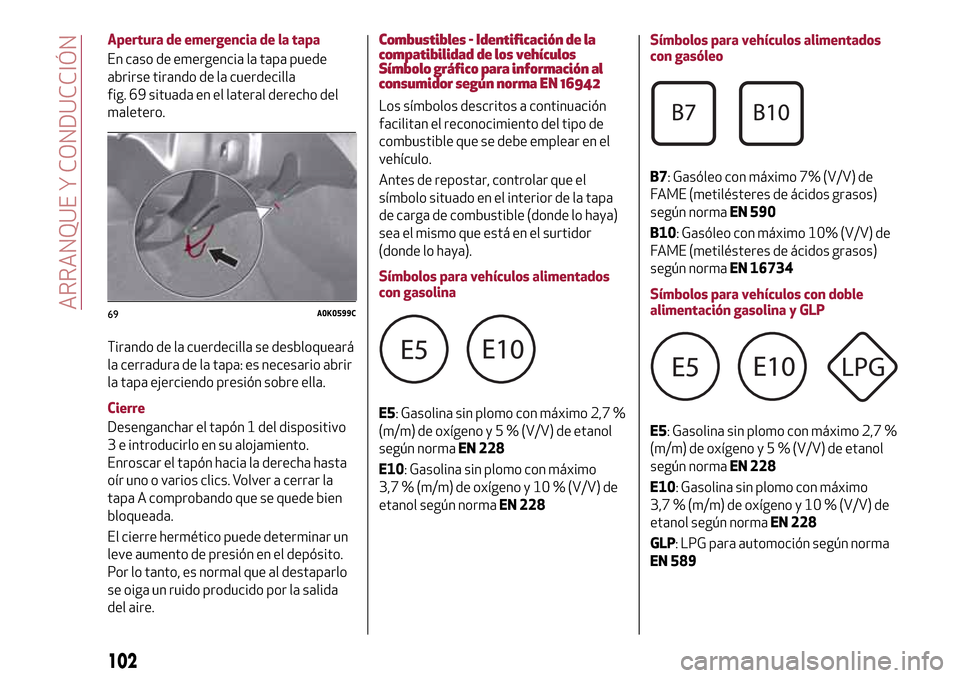 Alfa Romeo Giulietta 2017  Manual del propietario (in Spanish) Apertura de emergencia de la tapa
En caso de emergencia la tapa puede
abrirse tirando de la cuerdecilla
fig. 69 situada en el lateral derecho del
maletero.
Tirando de la cuerdecilla se desbloqueará
l