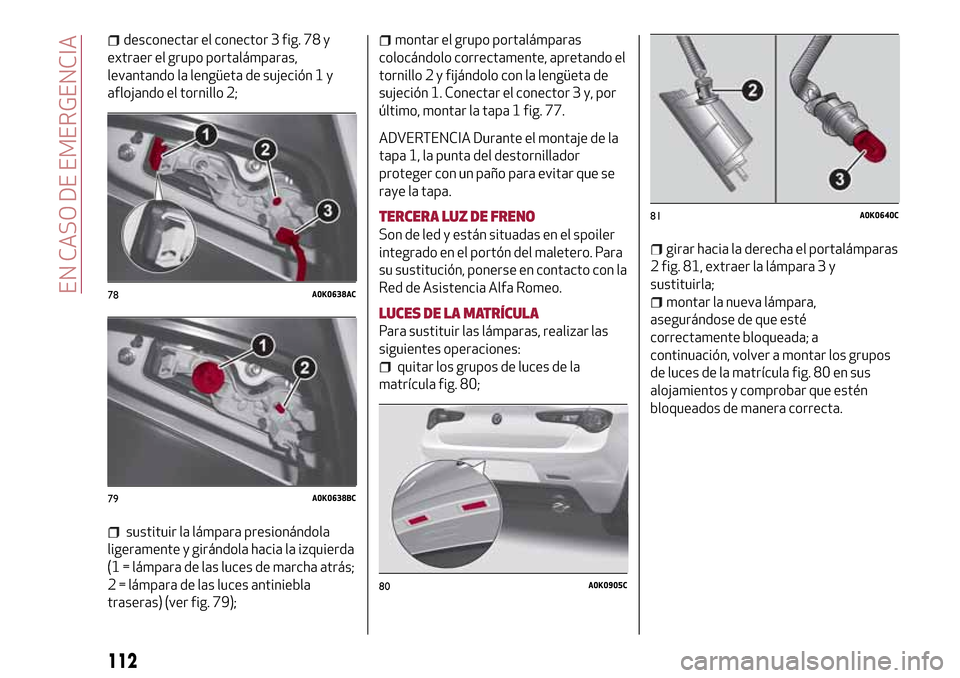 Alfa Romeo Giulietta 2017  Manual del propietario (in Spanish) desconectar el conector 3 fig. 78 y
extraer el grupo portalámparas,
levantando la lengüeta de sujeción 1 y
aflojando el tornillo 2;
sustituir la lámpara presionándola
ligeramente y girándola hac