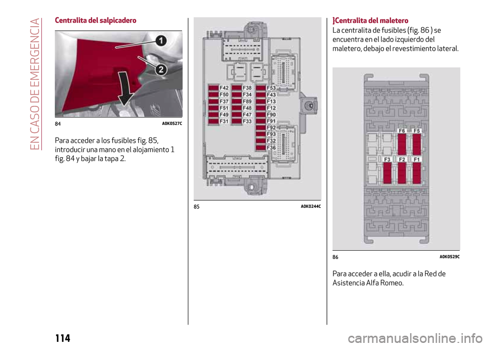 Alfa Romeo Giulietta 2017  Manual del propietario (in Spanish) Centralita del salpicadero
Para acceder a los fusibles fig. 85,
introducir una mano en el alojamiento 1
fig. 84 y bajar la tapa 2.}Centralita del maletero
La centralita de fusibles (fig. 86 ) se
encue