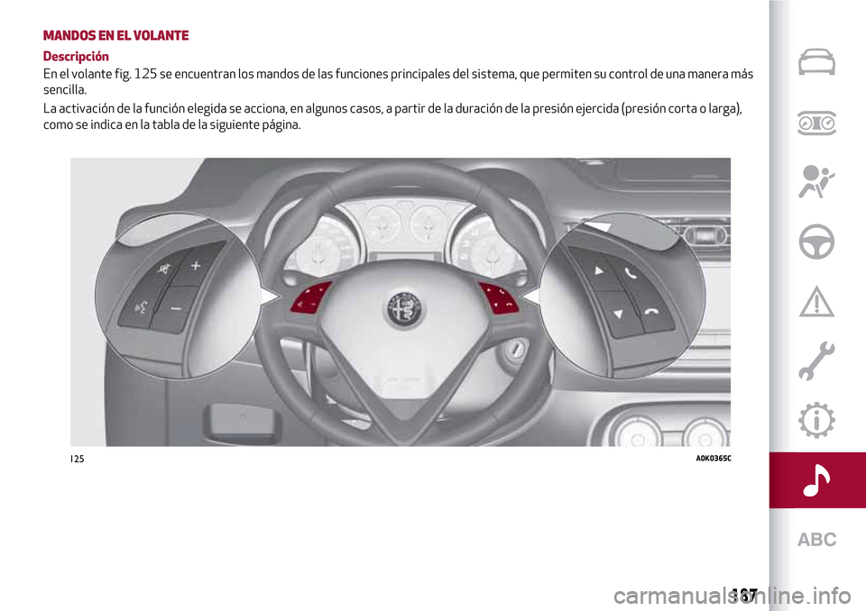 Alfa Romeo Giulietta 2017  Manual del propietario (in Spanish) MANDOS EN EL VOLANTE
Descripción
En el volante fig. 125 se encuentran los mandos de las funciones principales del sistema, que permiten su control de una manera más
sencilla.
La activación de la fu