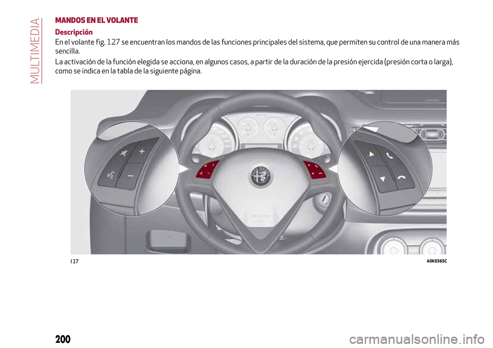 Alfa Romeo Giulietta 2017  Manual del propietario (in Spanish) MANDOS EN EL VOLANTE
Descripción
En el volante fig. 127 se encuentran los mandos de las funciones principales del sistema, que permiten su control de una manera más
sencilla.
La activación de la fu
