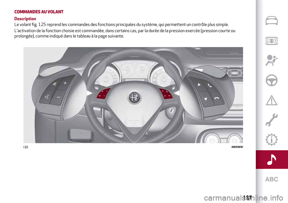 Alfa Romeo Giulietta 2017  Manuel du propriétaire (in French) COMMANDES AU VOLANT
Description
Le volant fig. 125 reprend les commandes des fonctions principales du système, qui permettent un contrôle plus simple.
Lactivation de la fonction choisie est command