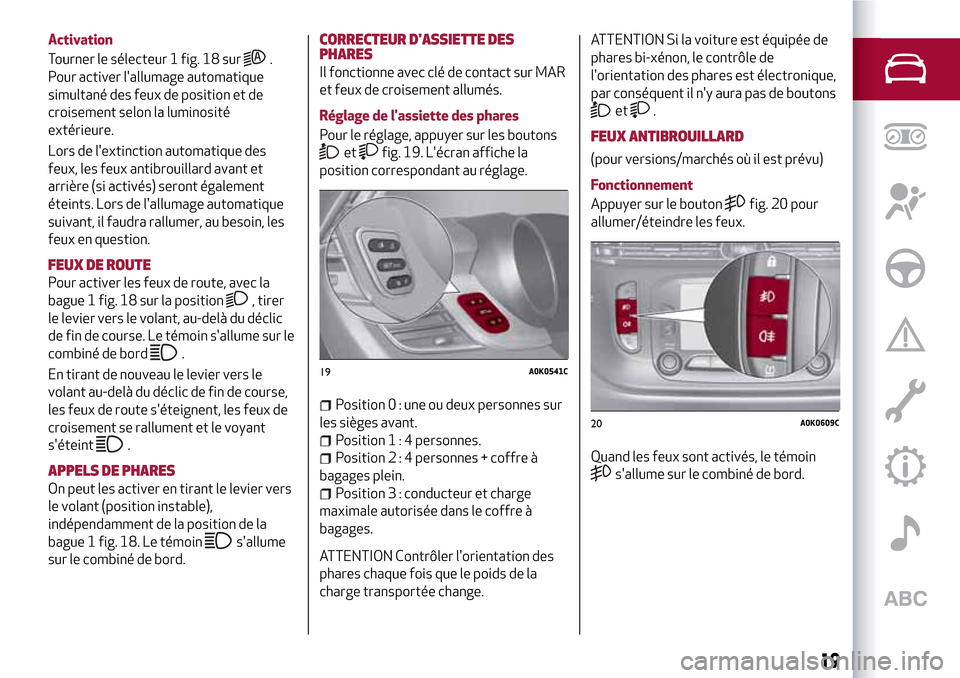 Alfa Romeo Giulietta 2017  Manuel du propriétaire (in French) Activation
Tourner le sélecteur 1 fig. 18 sur
.
Pour activer lallumage automatique
simultané des feux de position et de
croisement selon la luminosité
extérieure.
Lors de lextinction automatique