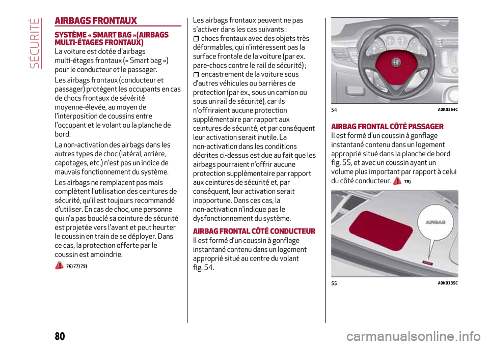Alfa Romeo Giulietta 2017  Manuel du propriétaire (in French) AIRBAGS FRONTAUX
SYSTÈME « SMART BAG »(AIRBAGS
MULTI-ÉTAGES FRONTAUX)
La voiture est dotée dairbags
multi-étages frontaux (« Smart bag »)
pour le conducteur et le passager.
Les airbags fronta