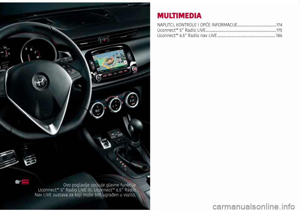 Alfa Romeo Giulietta 2017  Vodič za korisnike (in Croatian) MULTIMEDIA
NAPUTCI, KONTROLE I OPĆE INFORMACIJE ...........................................174
Uconnect™ 5” Radio LIVE ........................................................................\
..