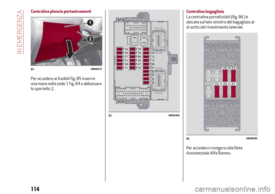Alfa Romeo Giulietta 2017  Manuale del proprietario (in Italian) Centralina plancia portastrumenti
Per accedere ai fusibili fig. 85 inserire
una mano nella sede 1 fig. 84 e abbassare
lo sportello 2.Centralina bagagliaio
La centralina portafusibili (fig. 86 ) è
ubi