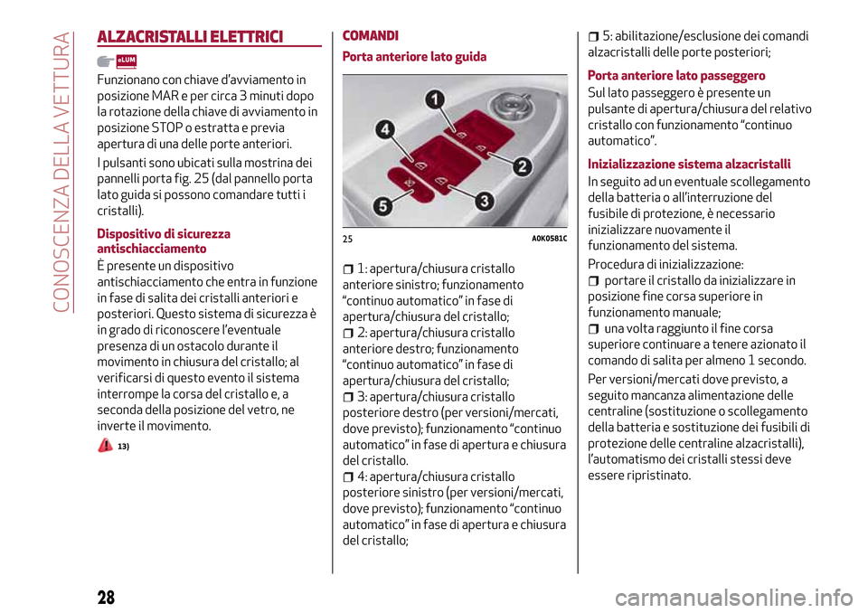 Alfa Romeo Giulietta 2017 Manuale del proprietario (in Italian) ALZACRISTALLI ELETTRICI
Funzionano con chiave d’avviamento in
posizione MAR e per circa 3 minuti dopo
la rotazione della chiave di avviamento in
posizione STOP o estratta e previa
apertura di una de Alfa Romeo Giulietta 2017 Manuale del proprietario (in Italian) ALZACRISTALLI ELETTRICI
Funzionano con chiave d’avviamento in
posizione MAR e per circa 3 minuti dopo
la rotazione della chiave di avviamento in
posizione STOP o estratta e previa
apertura di una de