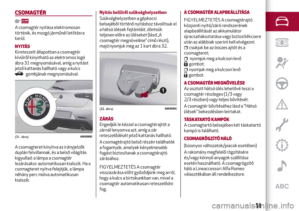 Alfa Romeo Giulietta 2017 Kezelési útmutató (in Hungarian) CSOMAGTÉR
A csomagtér nyitása elektromosan
történik, és mozgó járműnél letiltásra
kerül.
NYITÁS
Kireteszelt állapotban a csomagtér
kívülről kinyitható az elektromos logó
ábra 31 m Alfa Romeo Giulietta 2017 Kezelési útmutató (in Hungarian) CSOMAGTÉR
A csomagtér nyitása elektromosan
történik, és mozgó járműnél letiltásra
kerül.
NYITÁS
Kireteszelt állapotban a csomagtér
kívülről kinyitható az elektromos logó
ábra 31 m