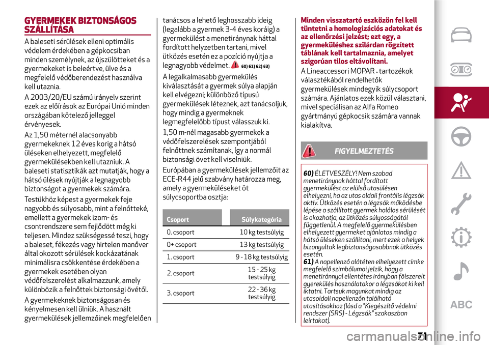 Alfa Romeo Giulietta 2017 Kezelési útmutató (in Hungarian) GYERMEKEK BIZTONSÁGOS
SZÁLLÍTÁSA
A baleseti sérülések elleni optimális
védelem érdekében a gépkocsiban
minden személynek, az újszülötteket és a
gyermekeket is beleértve, ülve és a
Alfa Romeo Giulietta 2017 Kezelési útmutató (in Hungarian) GYERMEKEK BIZTONSÁGOS
SZÁLLÍTÁSA
A baleseti sérülések elleni optimális
védelem érdekében a gépkocsiban
minden személynek, az újszülötteket és a
gyermekeket is beleértve, ülve és a