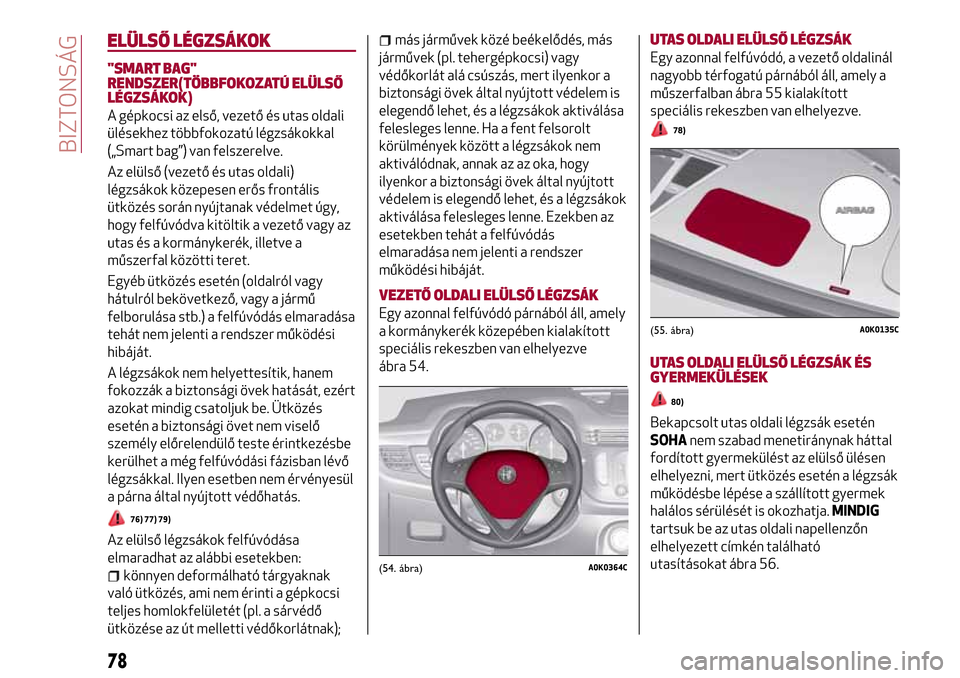 Alfa Romeo Giulietta 2017 Kezelési útmutató (in Hungarian) ELÜLSŐ LÉGZSÁKOK
"SMART BAG"
RENDSZER(TÖBBFOKOZATÚ ELÜLSŐ
LÉGZSÁKOK)
A gépkocsi az első, vezető és utas oldali
ülésekhez többfokozatú légzsákokkal
(„Smart bag”) van felszerelve Alfa Romeo Giulietta 2017 Kezelési útmutató (in Hungarian) ELÜLSŐ LÉGZSÁKOK
"SMART BAG"
RENDSZER(TÖBBFOKOZATÚ ELÜLSŐ
LÉGZSÁKOK)
A gépkocsi az első, vezető és utas oldali
ülésekhez többfokozatú légzsákokkal
(„Smart bag”) van felszerelve