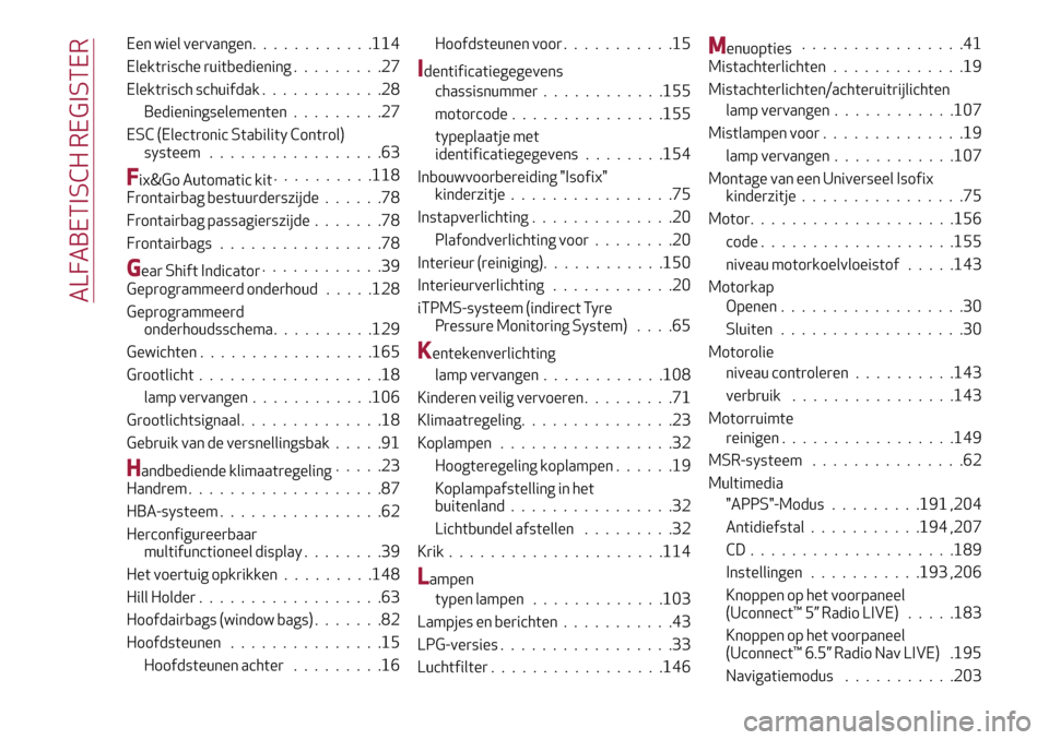 Alfa Romeo Giulietta 2017 Handleiding (in Dutch) Een wiel vervangen............114
Elektrische ruitbediening.........27
Elektrisch schuifdak............28
Bedieningselementen.........27
ESC (Electronic Stability Control)
systeem.................63
F Alfa Romeo Giulietta 2017 Handleiding (in Dutch) Een wiel vervangen............114
Elektrische ruitbediening.........27
Elektrisch schuifdak............28
Bedieningselementen.........27
ESC (Electronic Stability Control)
systeem.................63
F