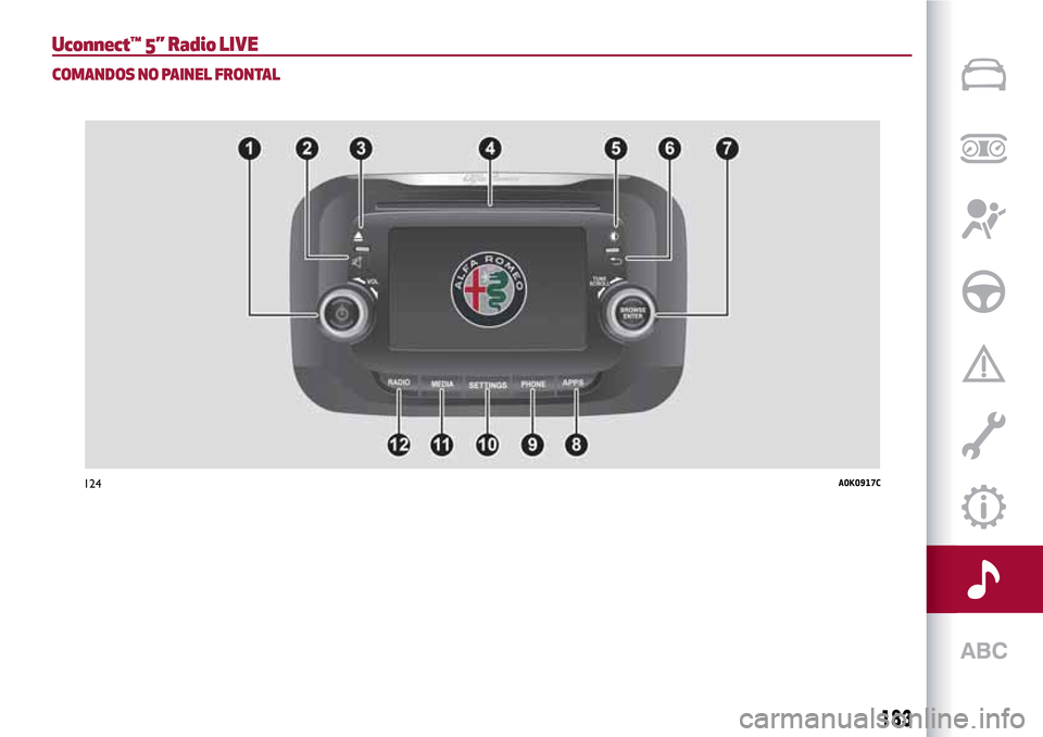 Alfa Romeo Giulietta 2017  Manual do proprietário (in Portuguese) Uconnect™ 5” Radio LIVE
COMANDOS NO PAINEL FRONTAL
124A0K0917C
183 