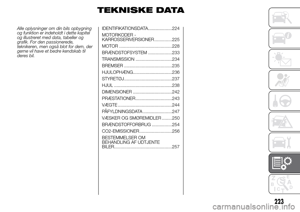 Alfa Romeo Giulietta 2016  Instruktionsbog (in Danish) TEKNISKE DATA
Alle oplysninger om din bils opbygning
og funktion er indeholdt i dette kapitel
og illustreret med data, tabeller og
grafik. For den passionerede,
teknikeren, men også blot for dem, der
