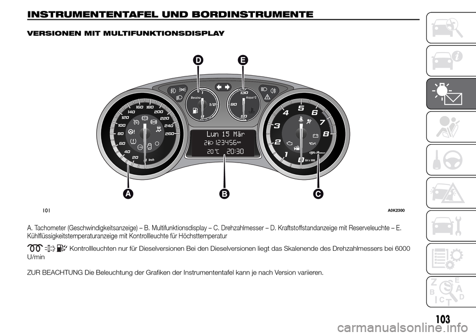 Alfa Romeo Giulietta 2016  Betriebsanleitung (in German) INSTRUMENTENTAFEL UND BORDINSTRUMENTE.
VERSIONEN MIT MULTIFUNKTIONSDISPLAY
A. Tachometer (Geschwindigkeitsanzeige) – B. Multifunktionsdisplay – C. Drehzahlmesser – D. Kraftstoffstandanzeige mit 