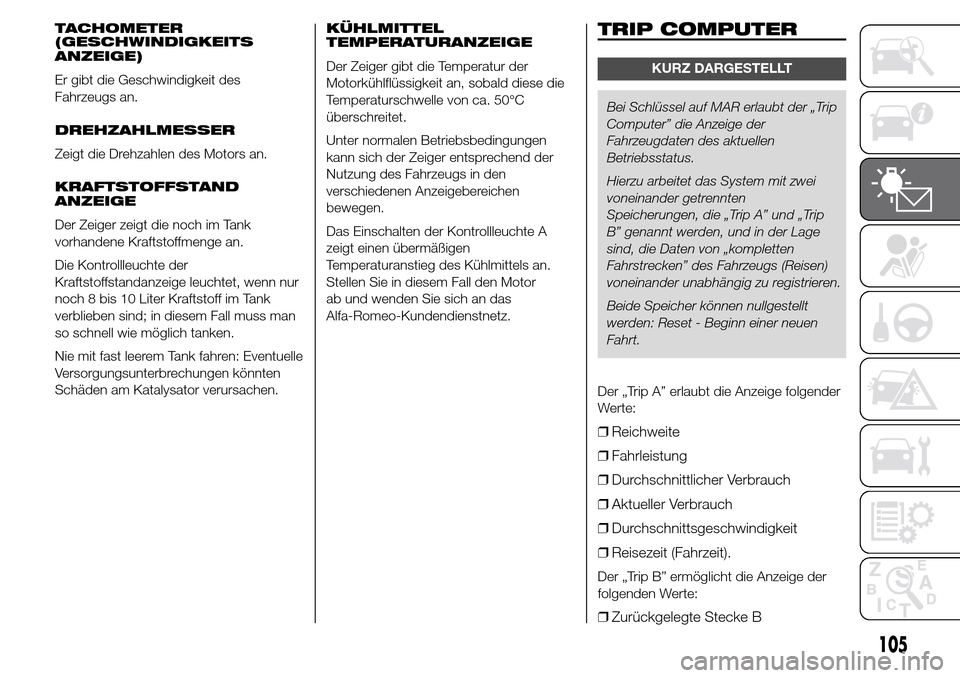 Alfa Romeo Giulietta 2016 Betriebsanleitung (in German) TACHOMETER
(GESCHWINDIGKEITS
ANZEIGE)
Er gibt die Geschwindigkeit des
Fahrzeugs an.
DREHZAHLMESSER
Zeigt die Drehzahlen des Motors an.
KRAFTSTOFFSTAND
ANZEIGE
Der Zeiger zeigt die noch im Tank
vorhand Alfa Romeo Giulietta 2016 Betriebsanleitung (in German) TACHOMETER
(GESCHWINDIGKEITS
ANZEIGE)
Er gibt die Geschwindigkeit des
Fahrzeugs an.
DREHZAHLMESSER
Zeigt die Drehzahlen des Motors an.
KRAFTSTOFFSTAND
ANZEIGE
Der Zeiger zeigt die noch im Tank
vorhand