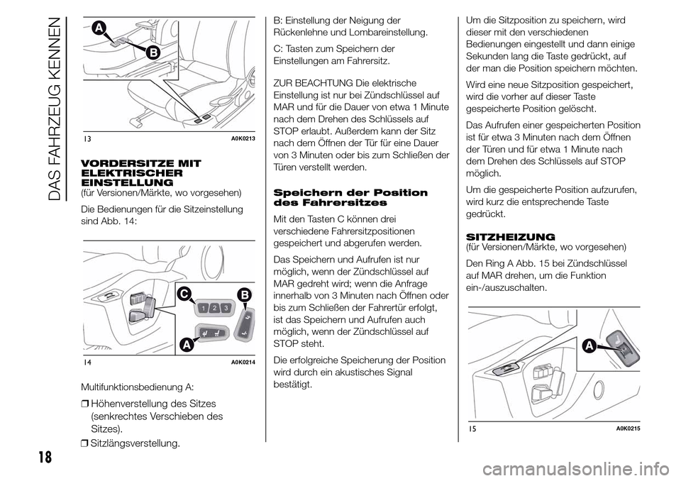Alfa Romeo Giulietta 2016 Betriebsanleitung (in German) VORDERSITZE MIT
ELEKTRISCHER
EINSTELLUNG
(für Versionen/Märkte, wo vorgesehen)
Die Bedienungen für die Sitzeinstellung
sind Abb. 14:
Multifunktionsbedienung A:
❒Höhenverstellung des Sitzes
(senk Alfa Romeo Giulietta 2016 Betriebsanleitung (in German) VORDERSITZE MIT
ELEKTRISCHER
EINSTELLUNG
(für Versionen/Märkte, wo vorgesehen)
Die Bedienungen für die Sitzeinstellung
sind Abb. 14:
Multifunktionsbedienung A:
❒Höhenverstellung des Sitzes
(senk