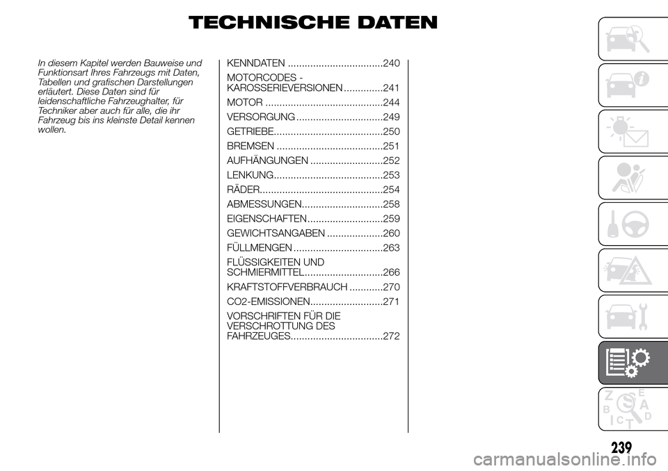Alfa Romeo Giulietta 2016 Betriebsanleitung (in German) TECHNISCHE DATEN
In diesem Kapitel werden Bauweise und
Funktionsart Ihres Fahrzeugs mit Daten,
Tabellen und grafischen Darstellungen
erläutert. Diese Daten sind für
leidenschaftliche Fahrzeughalter, Alfa Romeo Giulietta 2016 Betriebsanleitung (in German) TECHNISCHE DATEN
In diesem Kapitel werden Bauweise und
Funktionsart Ihres Fahrzeugs mit Daten,
Tabellen und grafischen Darstellungen
erläutert. Diese Daten sind für
leidenschaftliche Fahrzeughalter,