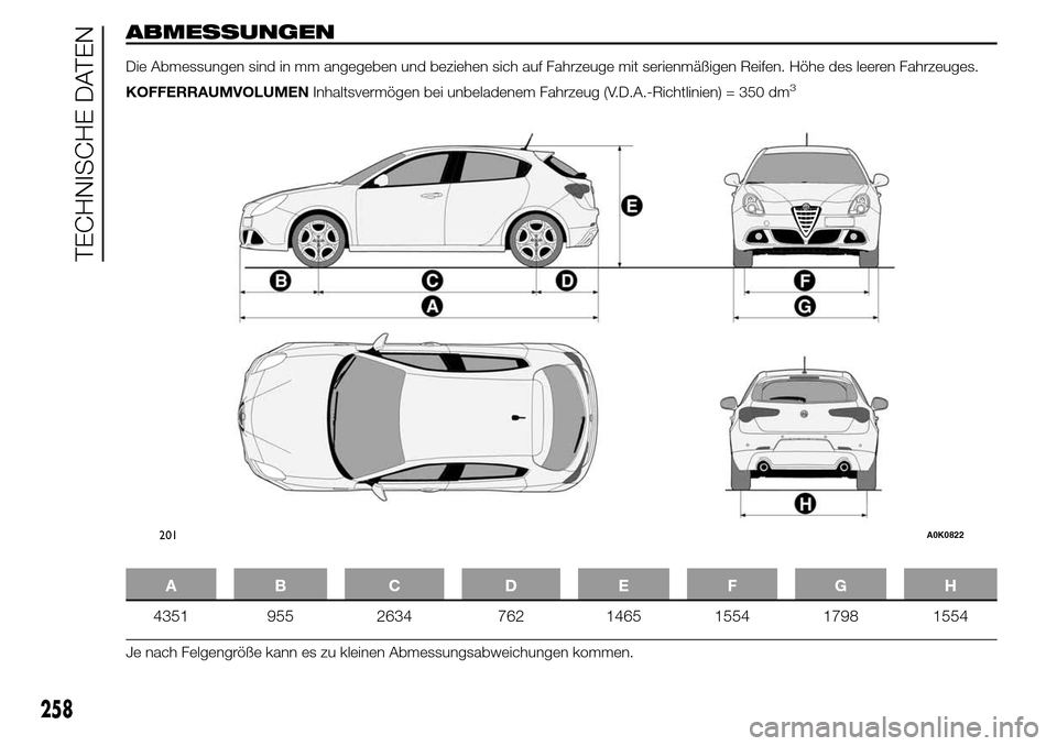 Alfa Romeo Giulietta 2016  Betriebsanleitung (in German) ABMESSUNGEN
Die Abmessungen sind in mm angegeben und beziehen sich auf Fahrzeuge mit serienmäßigen Reifen. Höhe des leeren Fahrzeuges.
KOFFERRAUMVOLUMENInhaltsvermögen bei unbeladenem Fahrzeug (V.
