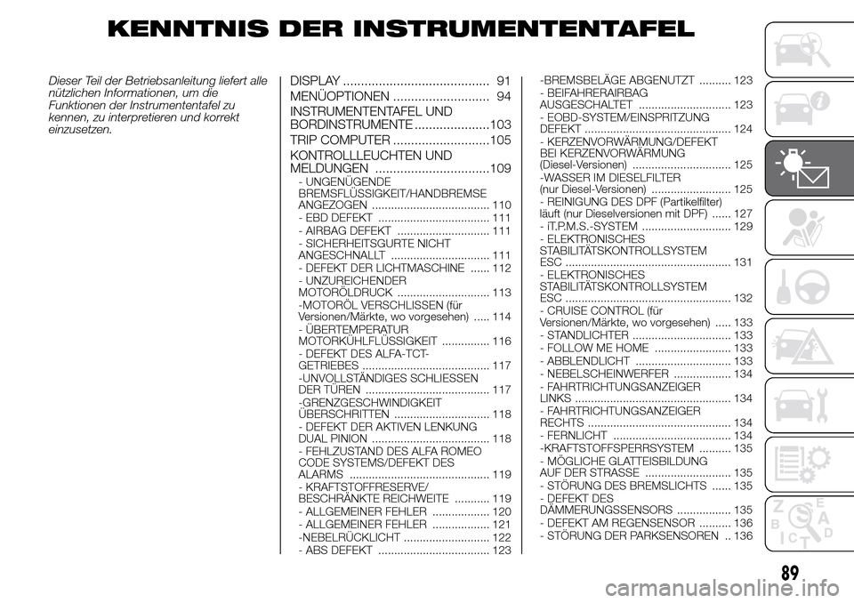 Alfa Romeo Giulietta 2016 Betriebsanleitung (in German) KENNTNIS DER INSTRUMENTENTAFEL
Dieser Teil der Betriebsanleitung liefert alle
nützlichen Informationen, um die
Funktionen der Instrumententafel zu
kennen, zu interpretieren und korrekt
einzusetzen.DI Alfa Romeo Giulietta 2016 Betriebsanleitung (in German) KENNTNIS DER INSTRUMENTENTAFEL
Dieser Teil der Betriebsanleitung liefert alle
nützlichen Informationen, um die
Funktionen der Instrumententafel zu
kennen, zu interpretieren und korrekt
einzusetzen.DI
