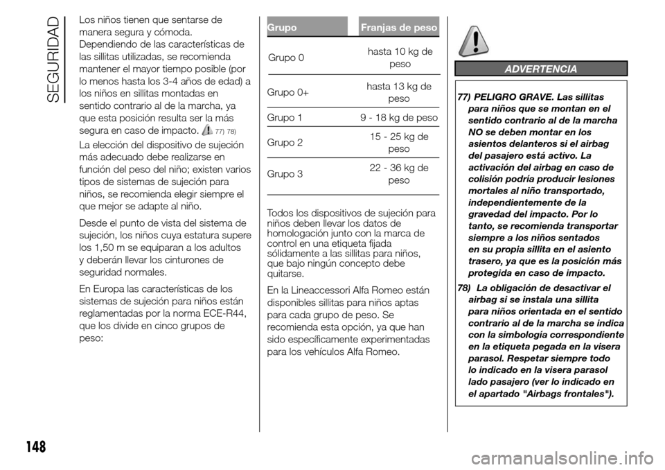Alfa Romeo Giulietta 2016 Manual del propietario (in Spanish) Los niños tienen que sentarse de
manera segura y cómoda.
Dependiendo de las características de
las sillitas utilizadas, se recomienda
mantener el mayor tiempo posible (por
lo menos hasta los 3-4 a Alfa Romeo Giulietta 2016 Manual del propietario (in Spanish) Los niños tienen que sentarse de
manera segura y cómoda.
Dependiendo de las características de
las sillitas utilizadas, se recomienda
mantener el mayor tiempo posible (por
lo menos hasta los 3-4 a