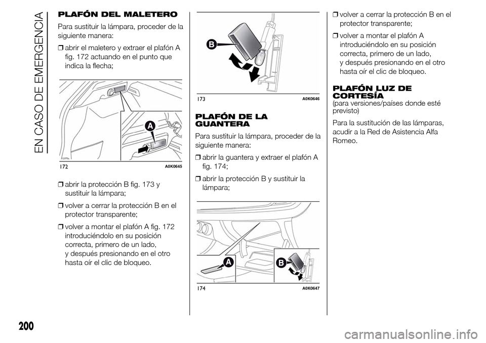 Alfa Romeo Giulietta 2016 Manual del propietario (in Spanish) PLAFÓN DEL MALETERO
Para sustituir la lámpara, proceder de la
siguiente manera:
❒abrir el maletero y extraer el plafón A
fig. 172 actuando en el punto que
indica la flecha;
❒abrir la protecció Alfa Romeo Giulietta 2016 Manual del propietario (in Spanish) PLAFÓN DEL MALETERO
Para sustituir la lámpara, proceder de la
siguiente manera:
❒abrir el maletero y extraer el plafón A
fig. 172 actuando en el punto que
indica la flecha;
❒abrir la protecció