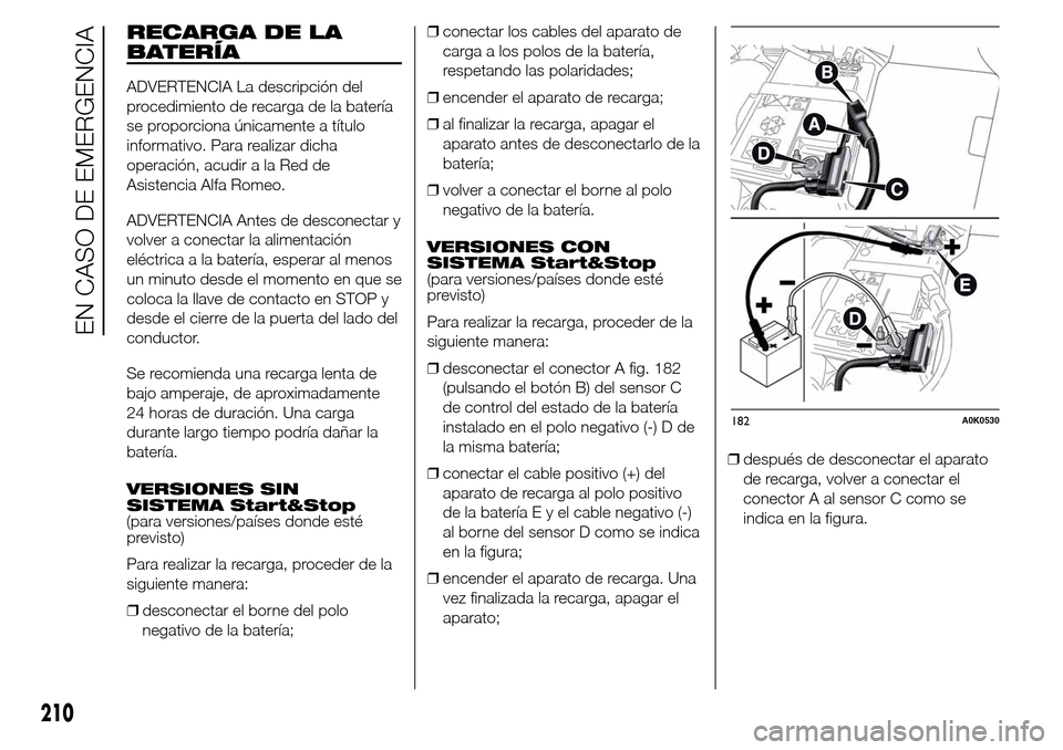 Alfa Romeo Giulietta 2016 Manual del propietario (in Spanish) RECARGA DE LA
BATERÍA
ADVERTENCIA La descripción del
procedimiento de recarga de la batería
se proporciona únicamente a título
informativo. Para realizar dicha
operación, acudir a la Red de
Asis Alfa Romeo Giulietta 2016 Manual del propietario (in Spanish) RECARGA DE LA
BATERÍA
ADVERTENCIA La descripción del
procedimiento de recarga de la batería
se proporciona únicamente a título
informativo. Para realizar dicha
operación, acudir a la Red de
Asis