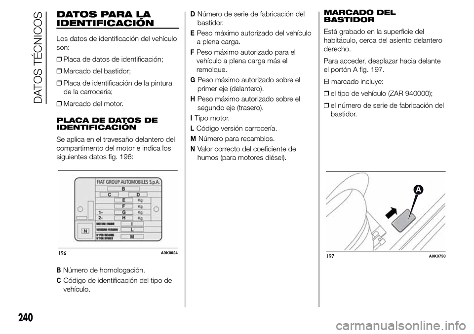 Alfa Romeo Giulietta 2016 Manual del propietario (in Spanish) DATOS PARA LA
IDENTIFICACIÓN
Los datos de identificación del vehículo
son:
❒Placa de datos de identificación;
❒Marcado del bastidor;
❒Placa de identificación de la pintura
de la carrocería Alfa Romeo Giulietta 2016 Manual del propietario (in Spanish) DATOS PARA LA
IDENTIFICACIÓN
Los datos de identificación del vehículo
son:
❒Placa de datos de identificación;
❒Marcado del bastidor;
❒Placa de identificación de la pintura
de la carrocería