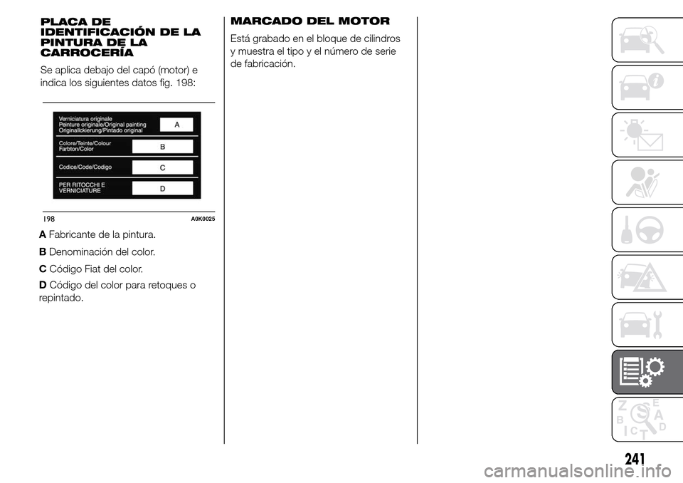 Alfa Romeo Giulietta 2016  Manual del propietario (in Spanish) DCódigo del color para retoques o
repintado.MARCADO DEL MOTOR
Está grabado en el bloque de cilindros
y muestra el tipo y el número de serie
de fabricación.
241
AFabricante de la pintura.
BDenomina