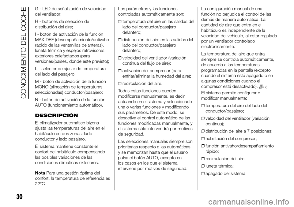 Alfa Romeo Giulietta 2016 Manual del propietario (in Spanish) G - LED de señalización de velocidad
del ventilador;
H - botones de selección de
distribución del aire;
I - botón de activación de la función
MAX-DEF (desempañamiento/antivaho
rápido de las v Alfa Romeo Giulietta 2016 Manual del propietario (in Spanish) G - LED de señalización de velocidad
del ventilador;
H - botones de selección de
distribución del aire;
I - botón de activación de la función
MAX-DEF (desempañamiento/antivaho
rápido de las v