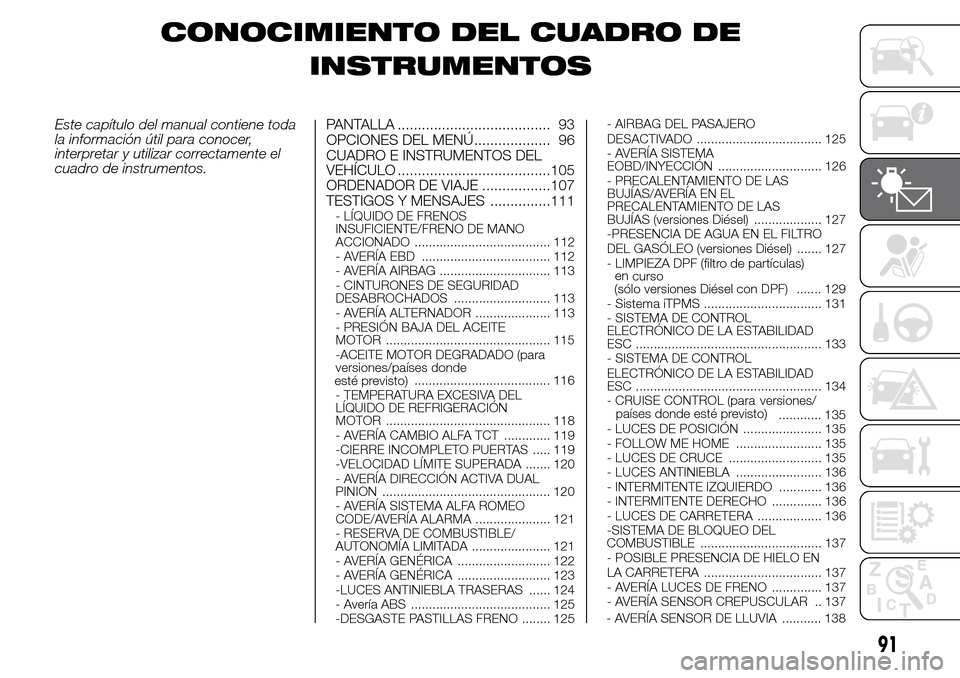 Alfa Romeo Giulietta 2016 Manual del propietario (in Spanish) CONOCIMIENTO DEL CUADRO DE
INSTRUMENTOS
Este capítulo del manual contiene toda
la información útil para conocer,
interpretar y utilizar correctamente el
cuadro de instrumentos.PANTALLA ............ Alfa Romeo Giulietta 2016 Manual del propietario (in Spanish) CONOCIMIENTO DEL CUADRO DE
INSTRUMENTOS
Este capítulo del manual contiene toda
la información útil para conocer,
interpretar y utilizar correctamente el
cuadro de instrumentos.PANTALLA ............