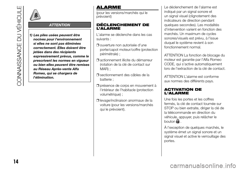 Alfa Romeo Giulietta 2016  Manuel du propriétaire (in French) ATTENTION
1) Les piles usées peuvent être
nocives pour lenvironnement
si elles ne sont pas éliminées
correctement. Elles doivent être
jetées dans des récipients
expressivement prévus, comme l