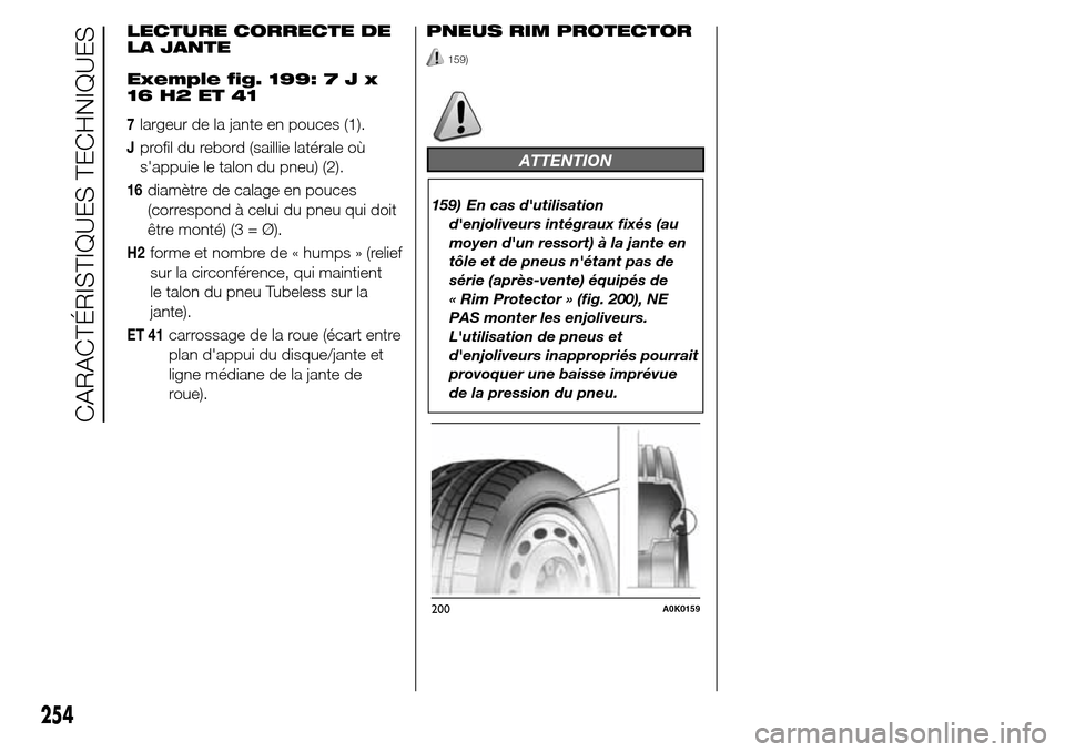 Alfa Romeo Giulietta 2016  Manuel du propriétaire (in French) LECTURE CORRECTE DE
LA JANTE
Exemple fig. 199:7Jx
16 H2 ET 41
7largeur de la jante en pouces (1).
Jprofil du rebord (saillie latérale où
sappuie le talon du pneu) (2).
16diamètre de calage en pouc