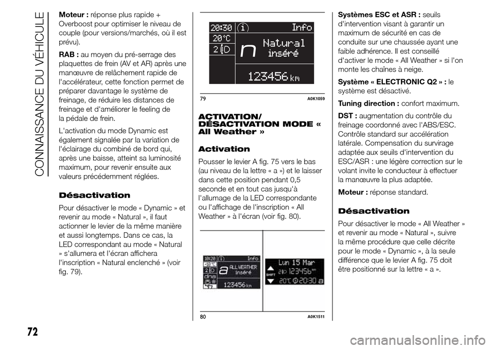 Alfa Romeo Giulietta 2016 Manuel du propriétaire (in French) Moteur :réponse plus rapide +
Overboost pour optimiser le niveau de
couple (pour versions/marchés, où il est
prévu).
RAB :au moyen du pré-serrage des
plaquettes de frein (AV et AR) après une
man Alfa Romeo Giulietta 2016 Manuel du propriétaire (in French) Moteur :réponse plus rapide +
Overboost pour optimiser le niveau de
couple (pour versions/marchés, où il est
prévu).
RAB :au moyen du pré-serrage des
plaquettes de frein (AV et AR) après une
man