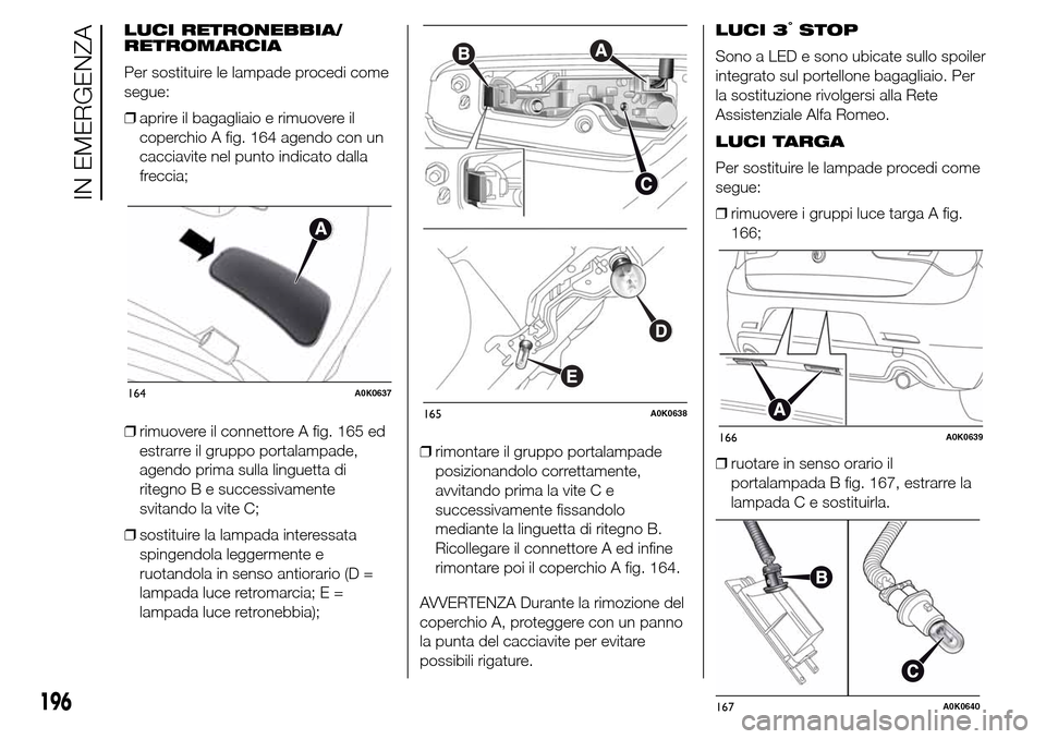 Alfa Romeo Giulietta 2016  Manuale del proprietario (in Italian) LUCI RETRONEBBIA/
RETROMARCIA
Per sostituire le lampade procedi come
segue:
❒aprire il bagagliaio e rimuovere il
coperchio A fig. 164 agendo con un
cacciavite nel punto indicato dalla
freccia;
❒ri