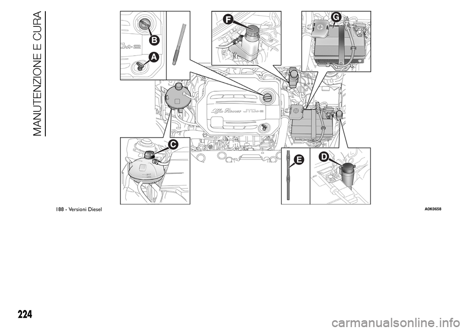 Alfa Romeo Giulietta 2016  Manuale del proprietario (in Italian) G
188 - Versioni DieselA0K0658
224
MANUTENZIONE E CURA 