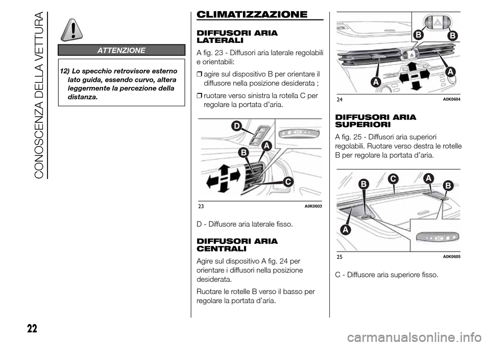 Alfa Romeo Giulietta 2016  Manuale del proprietario (in Italian) ATTENZIONE
12) Lo specchio retrovisore esterno
lato guida, essendo curvo, altera
leggermente la percezione della
distanza.
CLIMATIZZAZIONE
DIFFUSORI ARIA
LATERALI
A fig. 23 - Diffusori aria laterale r