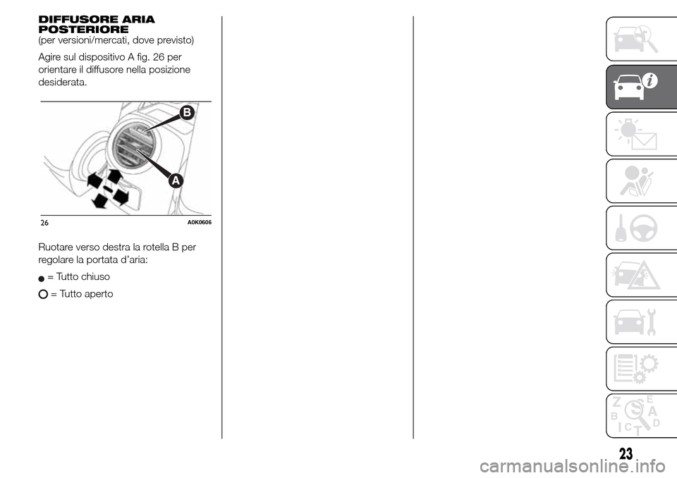 Alfa Romeo Giulietta 2016  Manuale del proprietario (in Italian) DIFFUSORE ARIA
POSTERIORE
(per versioni/mercati, dove previsto)
Agire sul dispositivo A fig. 26 per
orientare il diffusore nella posizione
desiderata.
Ruotare verso destra la rotella B per
regolare la