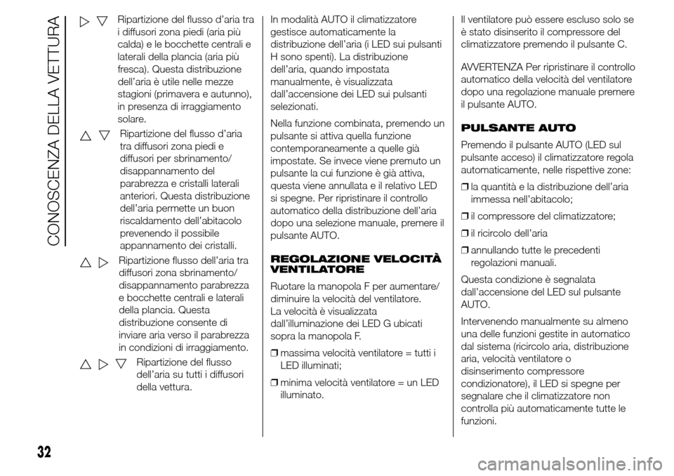 Alfa Romeo Giulietta 2016  Manuale del proprietario (in Italian) Ripartizione del flusso d’aria tra
i diffusori zona piedi (aria più
calda) e le bocchette centrali e
laterali della plancia (aria più
fresca). Questa distribuzione
dell’aria è utile nelle mezze
