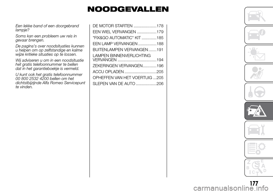 Alfa Romeo Giulietta 2016  Handleiding (in Dutch) NOODGEVALLEN
Een lekke band of een doorgebrand
lampje?
Soms kan een probleem uw reis in
gevaar brengen.
De paginas over noodsituaties kunnen
u helpen om op zelfstandige en kalme
wijze kritieke situat