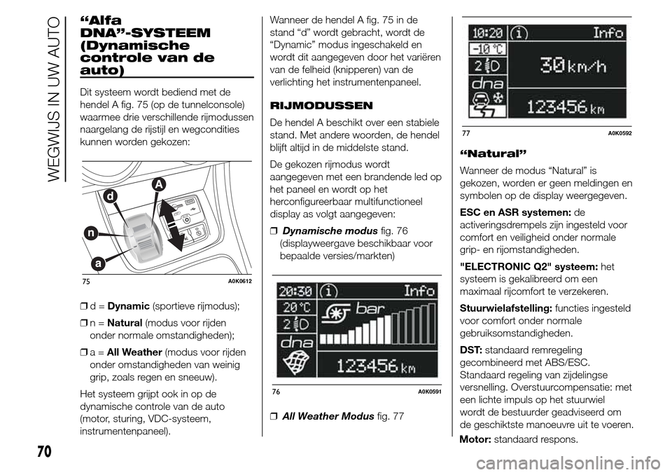Alfa Romeo Giulietta 2016  Handleiding (in Dutch) “Alfa
DNA”-SYSTEEM
(Dynamische
controle van de
auto)
Dit systeem wordt bediend met de
hendel A fig. 75 (op de tunnelconsole)
waarmee drie verschillende rijmodussen
naargelang de rijstijl en wegcon