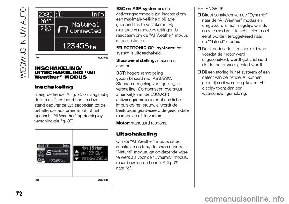 Alfa Romeo Giulietta 2016  Handleiding (in Dutch) INSCHAKELING/
UITSCHAKELING “All
Weather” MODUS
Inschakeling
Breng de hendel A fig. 75 omlaag (nabij
de letter “a”) en houd hem in deze
stand gedurende 0,5 seconden tot de
betreffende leds bra