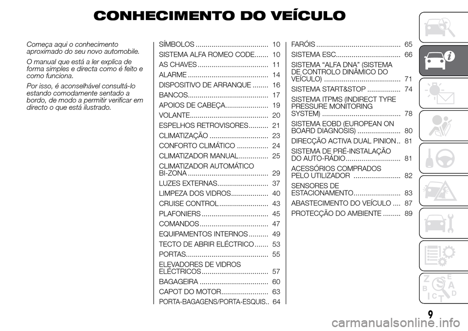Alfa Romeo Giulietta 2016  Manual do proprietário (in Portuguese) CONHECIMENTO DO VEÍCULO
Começa aqui o conhecimento
aproximado do seu novo automobile.
O manual que está a ler explica de
forma simples e directa como é feito e
como funciona.
Por isso, é aconselh